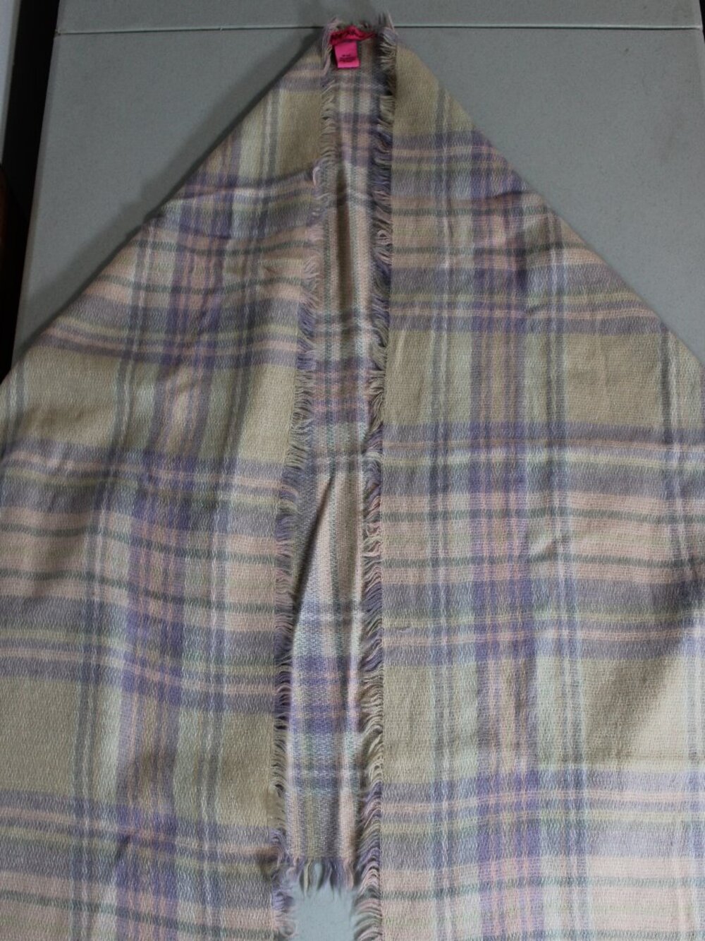 Betsey Johnson Plaid Shawl Scarf in Pale Colors and Frayed Edges